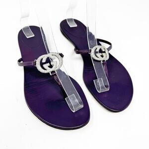 GUCCI Plum Purple GG Silver Crystal Logo Monogram Designer Vintage Sandals US 8